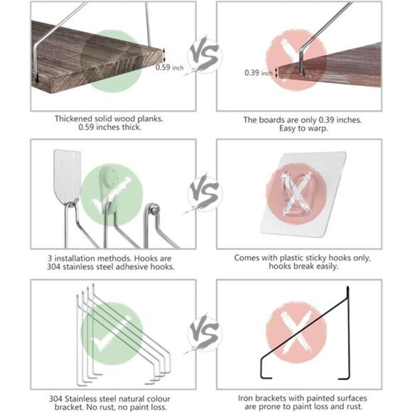 Floating Shelves Set of 3 Rustic Solid Wood Floating Shelf Wall Storage - Picture 5 of 8